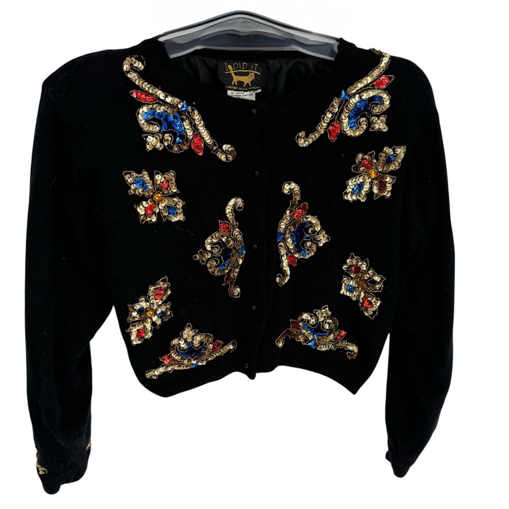 I Did It Sweater Cardigan 1960 Vintage Medium Black Sequins Lambswool Lined Crop